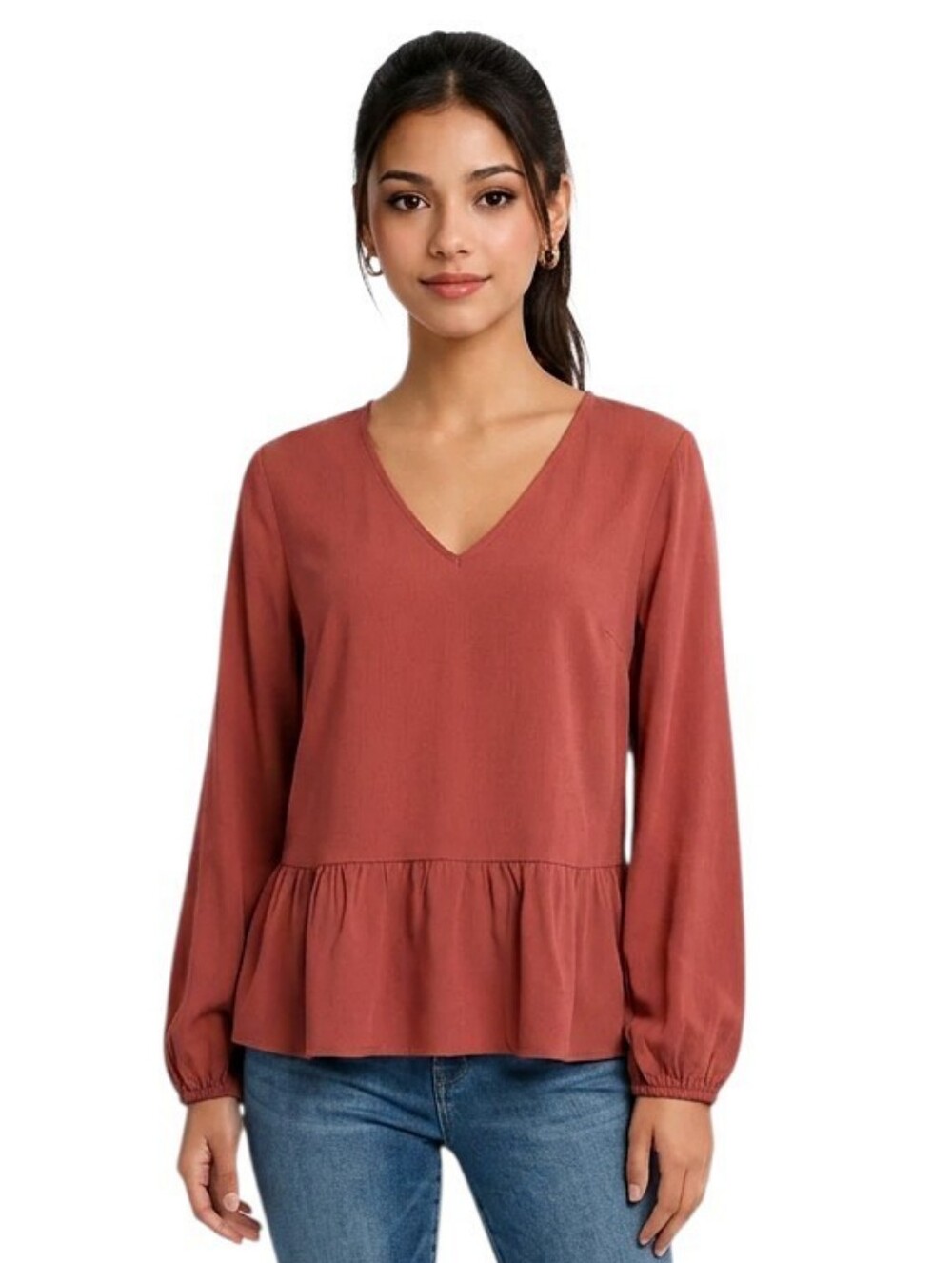 Nine West Terracota V-Neck Peplum  Long Sleeve Blouse Size M